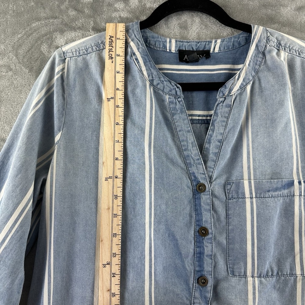 AUW Shirt Dress Women's 10 Blue Striped Chambray Tie Waist Hi Lo Hem - Picture 5 of 10